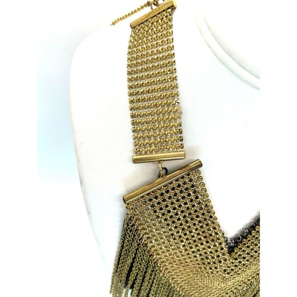 Gold-tone Rhinestone Chainmail Bib Necklace Fringed Chain Statement Boho Chic - Picture 7 of 14